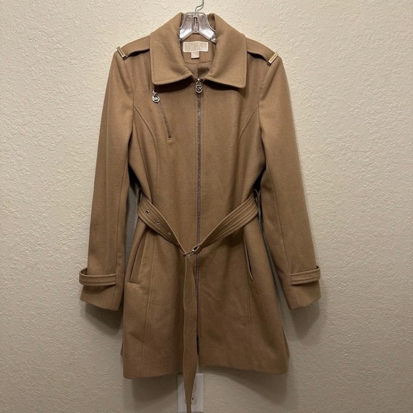 Michael Kors Belted Zip Up Lined Tan Wool Blend Coat Womens Size 14 - Picture 1 of 9